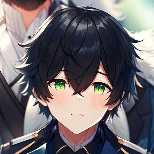 Clear focus,High resolution, black short fluffy hair, long fluffy bangs, and green eyes, wearing a boy uniform, Extreme Close Up, Boy