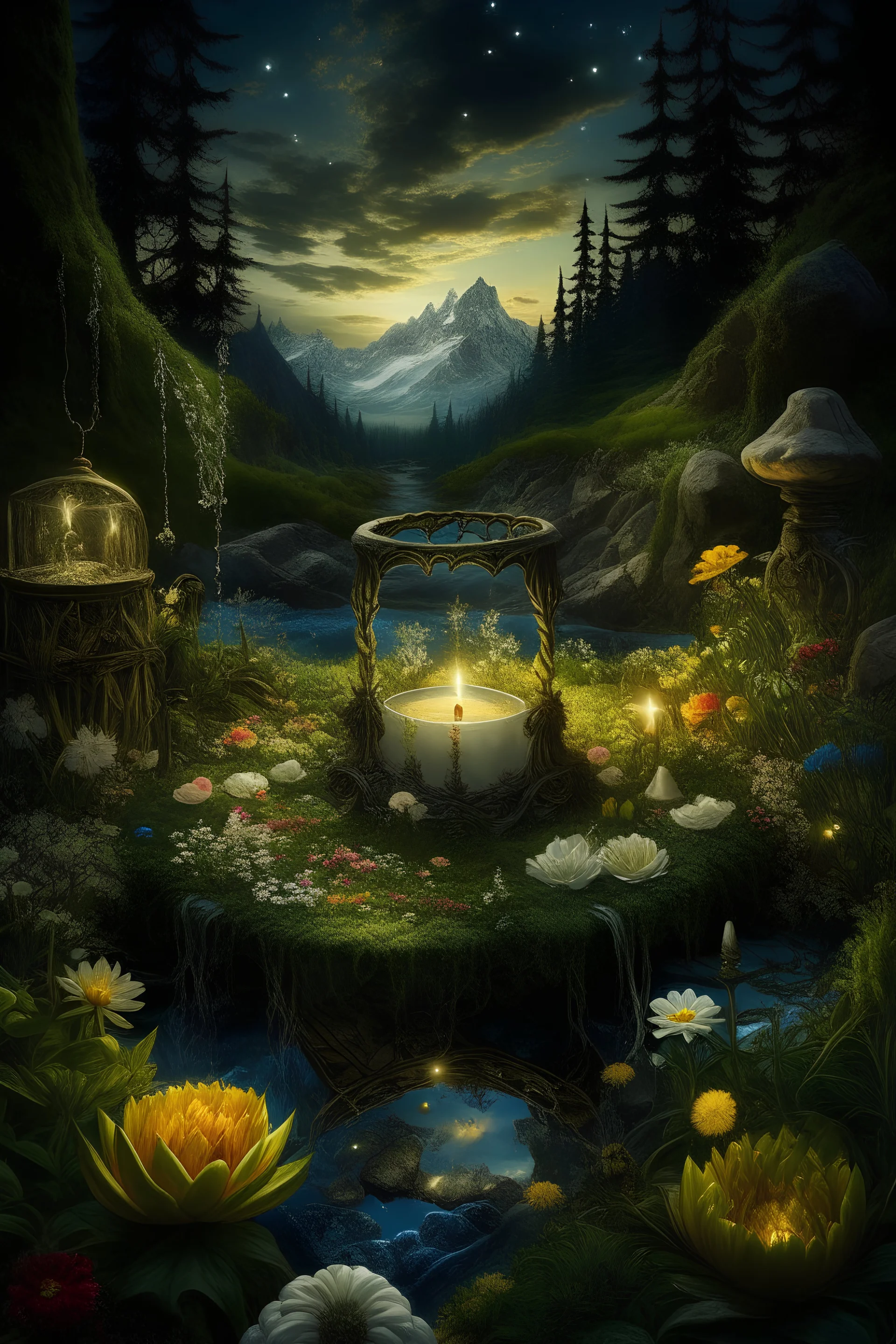 Hyperrealism against the background of a spring landscape in the forest +mirror with a tsunami whirlpool +mountains +ritual +candles+dried flowers+wildflowers+moss++decoupage of flowers+embroidery technique+braided beads+vine+moonlit night,fabulous landscape,surrealism,realism,naturalism,dot technique,microdetalization,high detail objects,digital illustration,volumetric clarity,dark fantasy,dark botanical, professional photo