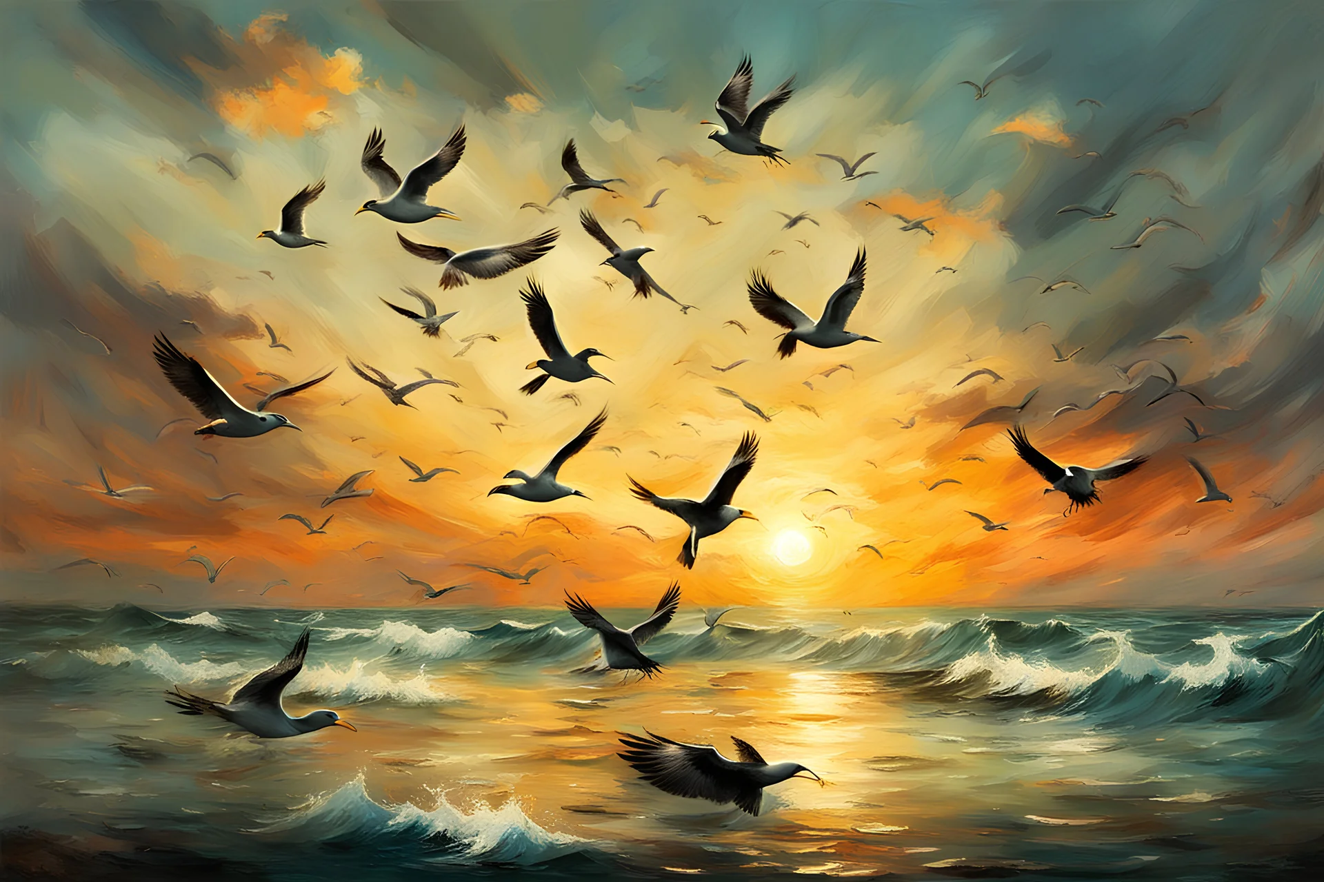 Flock of seagulls at sunset. painting style of William Turner