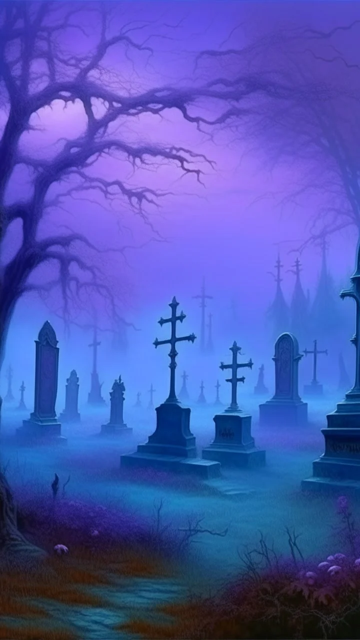 A purple graveyard with dancing ghosts painted by Ivan Aivazovsky