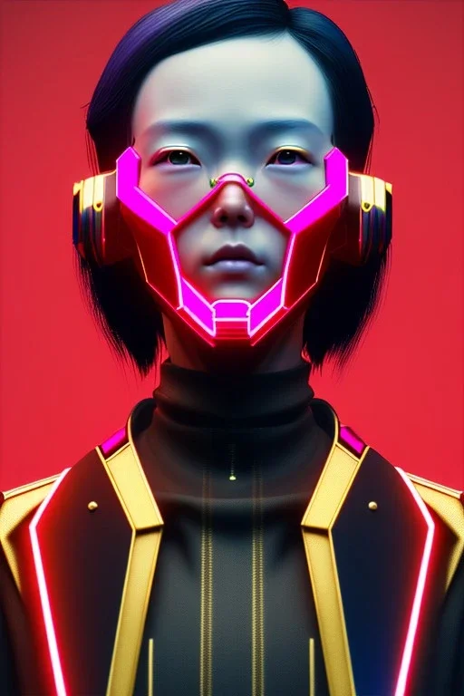 MCU Portrait, Front image. cyberpunk Asian woman, pink short hair. Ceramic, rabbit mask, latex suit. Red, black, gold, color. Punk style, minimal details. highly detailed, concept art, smooth, unreal engine 5, god rays, ray tracing, RTX, lumen lighting, ultra detail, volumetric lighting, 3d, finely drawn, high definition, high resolution.