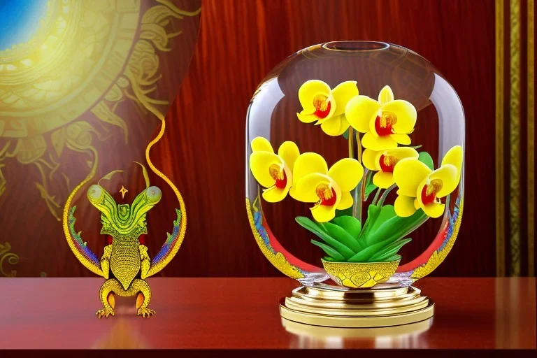 1512857901 hypersigil photograph of a beautiful yellow and red orchid in a clear glass rococo inspired vase on a mirrored deco themed end table in a shadowy corner of a nouveau era room with wood paneling in the style of Robert maplethorpe, tropical birds, lizards, snakes, insects, gorgeous, shamanic, ethereal, photorealistic, embellishments, long shot, wide shot, dof, deep focus, 3d render