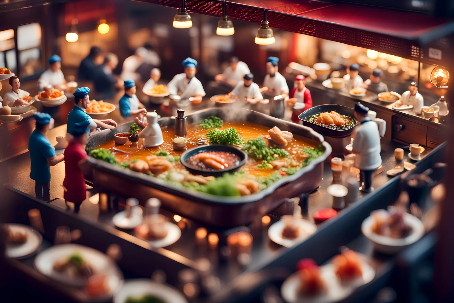 Tilt-shift photo of a crowded hotpot restaurant, miniature people eating, chefs making food, people at work, creative photography, miniature photography, beautiful lighting, ultra-detailed, unreal engine 8k, tiny people, video game masterpiece