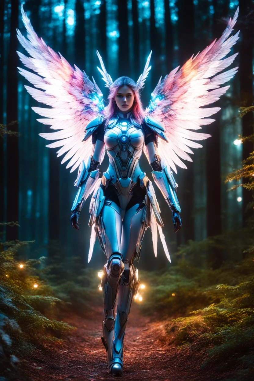 Front View night photography Beautiful Angel mecha in Magical Forest full of lights colors, Photography Art Photoshoot Art Cinematic Soft Blur Colors - on Running Dramatic Pose