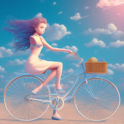 A girl is riding a bicycle on the beach. His cat is sitting in the front basket of the bicycle. Spring flowers can be seen everywhere. Beautiful blue sky with white clouds - kites in the sky. sense of peace. digital art, anime, 8k, full details, colorful, high resolution