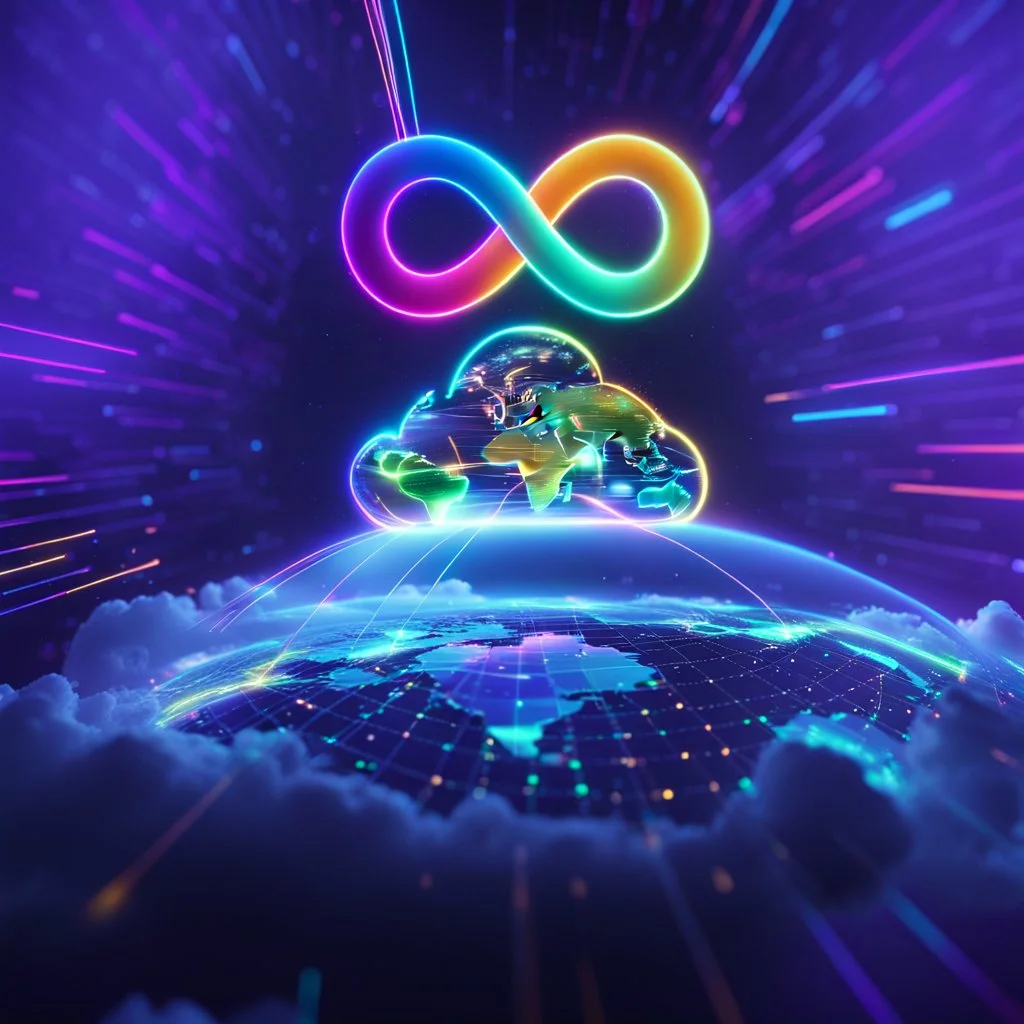 Colourful 3D glowing infinity symbol ∞, hovering above a colourful glowing cloud, network and lights coming from the cloud onto a futuristic map of the globe, inspiring, neon, glowing, friendly, beautiful, octane render, 8k post-production, artstation: award-winning: atmospheric: commanding: fantastical: clarity: 16k: ultra quality: striking: brilliance: liquid medium: stunning colors: amazing depth; lens: f/8, 28mm