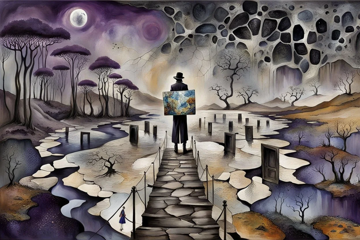 inner world this atypical world, in midle one alone human figure with a big map his hands in weird alternative clothes stands on the thin bridge , weird whimsical landscape, forest, and Sahara water and rocks,, around surreal cracked painted weird land with some black doors. dark purple, gray, black, white, brown. Whimsical style of Chagall , of Minjae Lee and Anton Semenov, lonely with absurd beauty. broken, weird bizarr,e absurd nightmare, neuron network background, surreal vibe