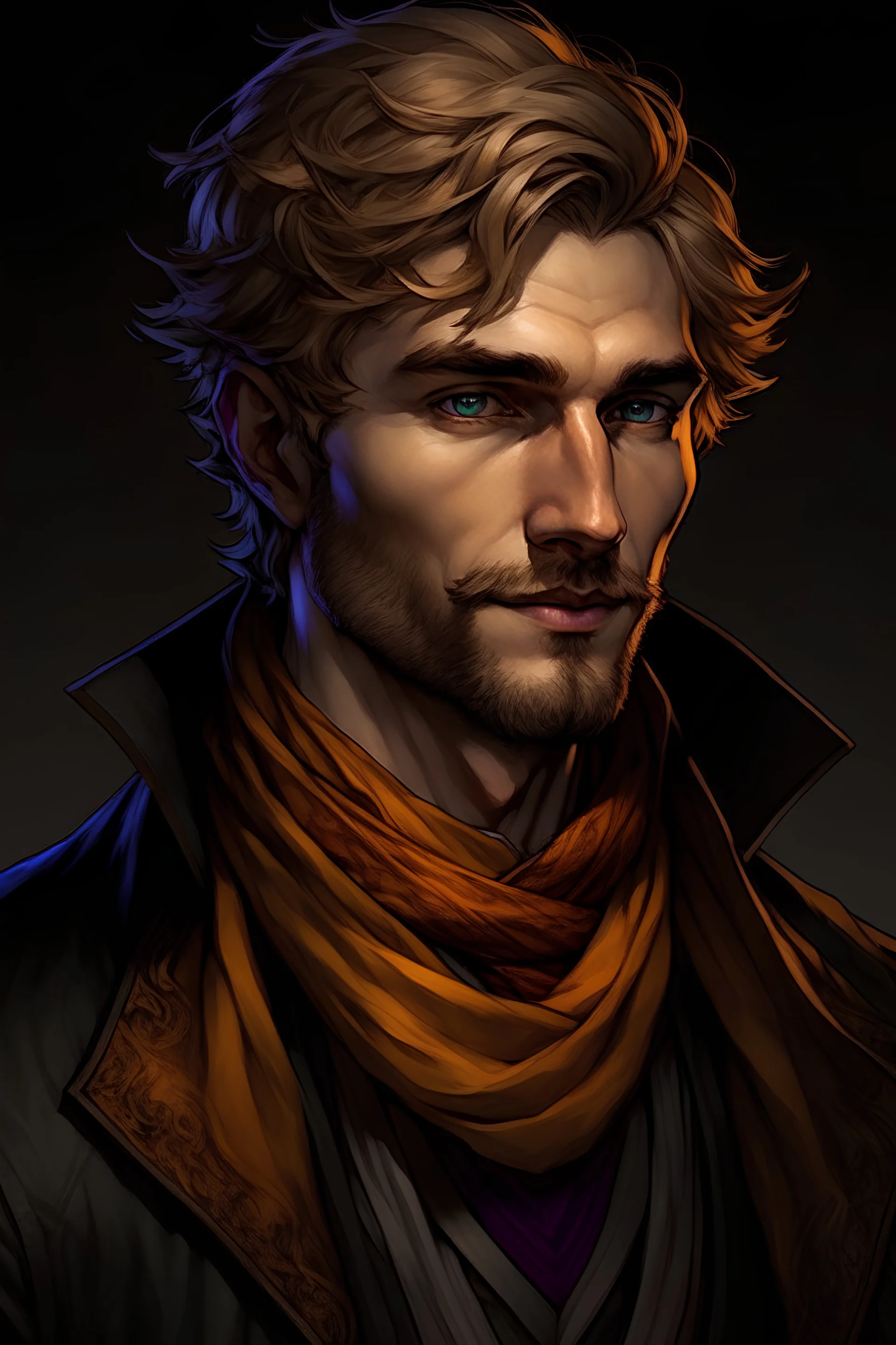 Dnd, rpg, human, male, early 30s, golden hair, short hair, wavy hair, victorian, theif, dark orange scarf, brown vest, black wool blazer, bright blue eyes, facial stubble, content,