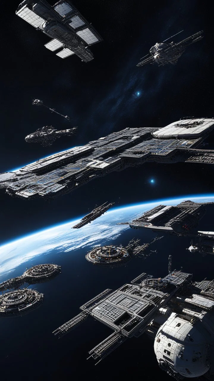 Huge space station in the blackness of space with many docking arms with ships arriving and leaving