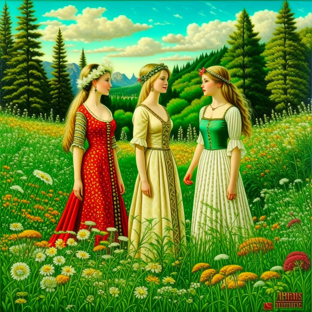 Scandinavian folk women, midsummer, traditional, pagan, painted, digital painting, 24k, high resolution, highly detailed, ornate, meadow with flowers and trees, art by RAFFAELLO OSSOLA