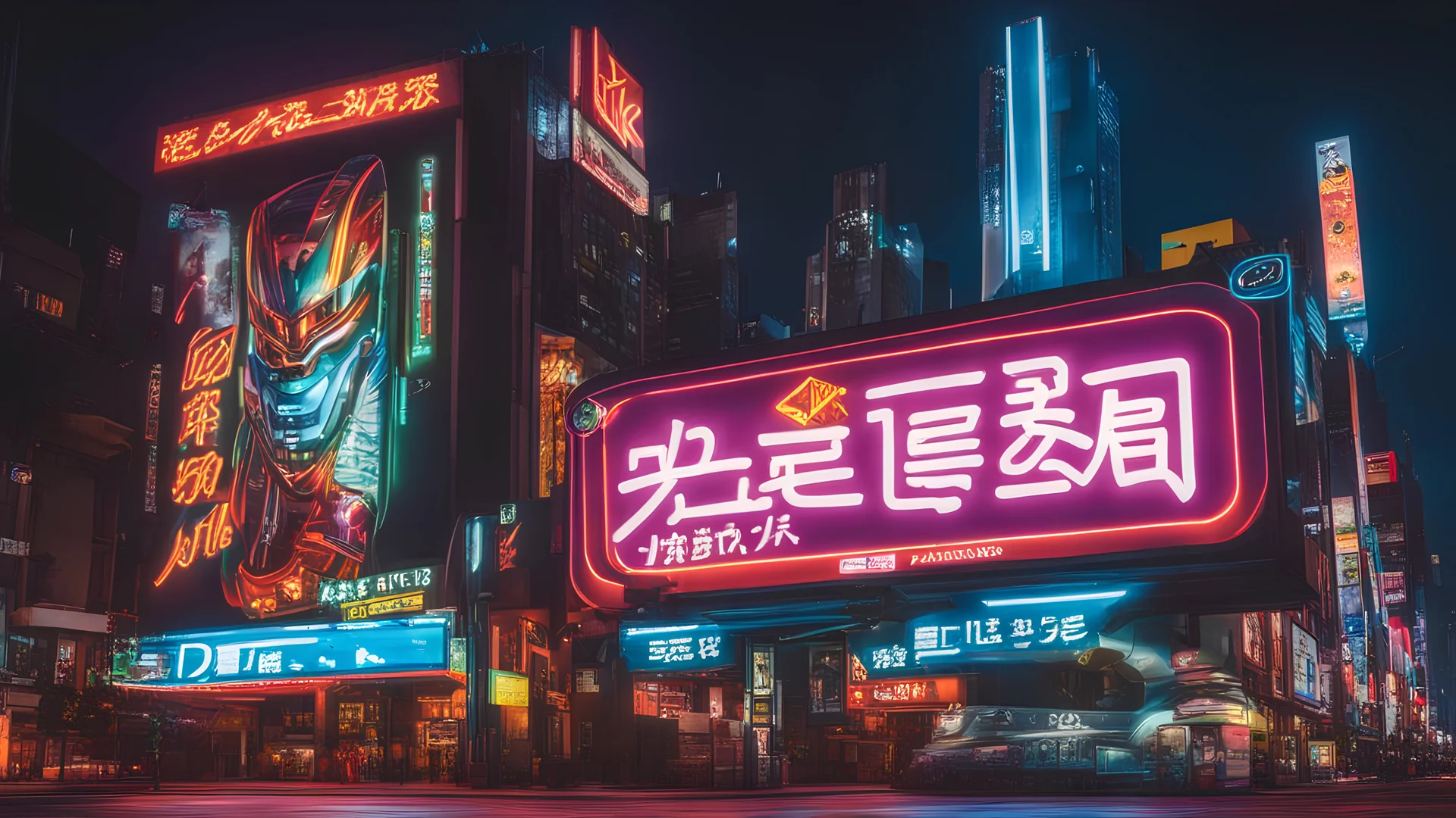 a billboard branded writing latin Odk Tokusentai with neon light, in the city center, at night.