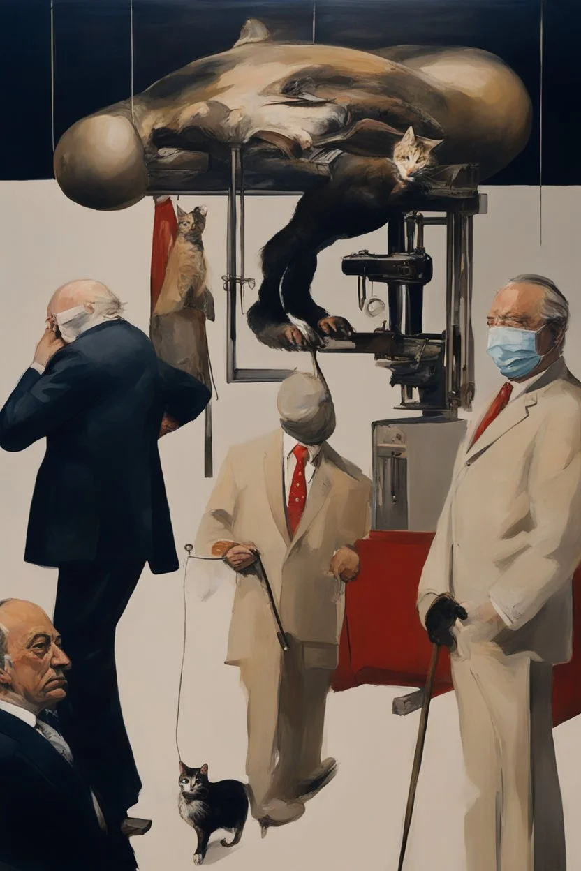 UN conference,a cat and human flesh-like surgical instruments and universe-like a pigeon and neuralink, surrealism,minimalism,Painting By Adrian Ghenie, Rene Magritte, Salvador Dali, Lucian Freud