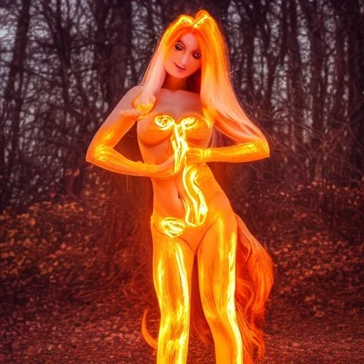 woman made of fire, fire angel, fire clothes, full body portrait, long flowing yellow hair, highly detailed, real life photo, photo quality, extremely detailed, highly detailed, 8K, crisp quality, looking at me