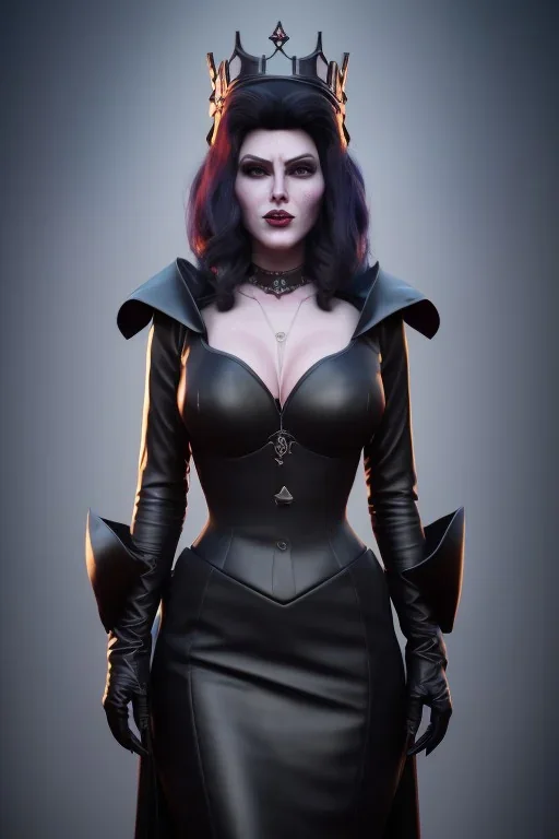 Amy Dumas as evil queen in black leather gown, evil, busty, cleavage, curvy, angry, stern look. character design by cory loftis, fenghua zhong, ryohei hase, ismail inceoglu and ruan jia. unreal engine 5, artistic lighting, highly detailed, photorealistic, fantasy