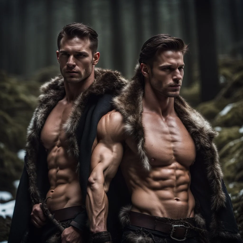 two Handsome and muscular 30 year old shirtless mountain men , dark fantasy, snowy forest