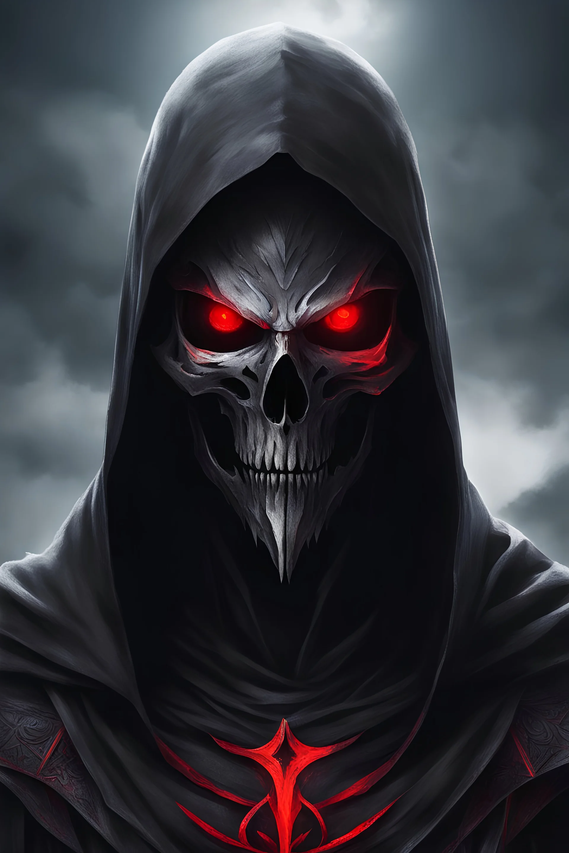 God of death looking like reaper make it darker, face with red eyes with voice of metal type Metal until death and beyond, till the end of forever