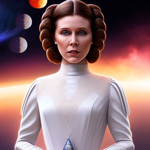 model shoot style, digital art zoomed out portrait of (Princess Leia) ((dressed in white and off white gown)), surrounded by 100 planets, ultra-detailed, ultra quality, illustration, eerie atmosphere, 8k, cinematic lighting