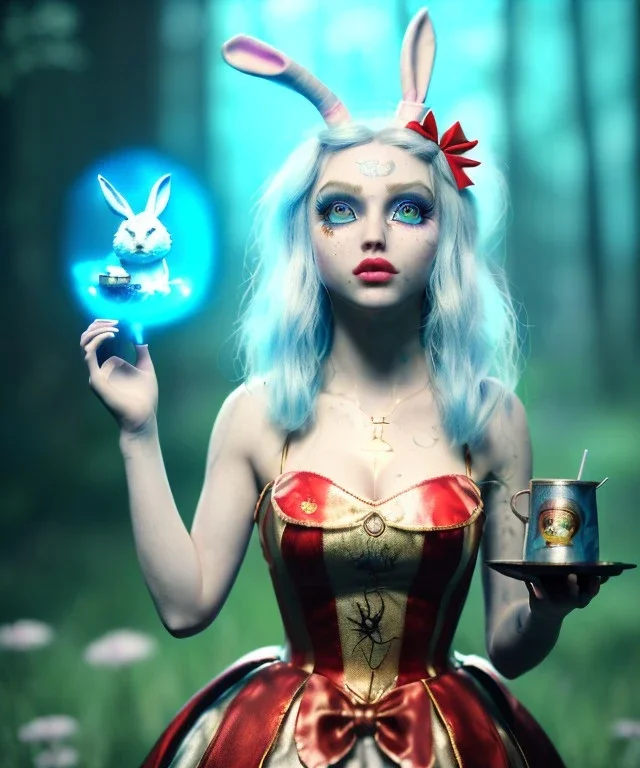 Ultra realistic wonderland photo, hot, happy blonde Alice woman and white rabbit smoking a pipe, blue dress, circus dress style, black headband with bow, old school tattoo, smoke, marijuana garden, glow eyes, perfect iris, soft color, highly detailed, unreal engine 5, ray tracing, RTX, lumen lighting, ultra detail, volumetric lighting, high definition.