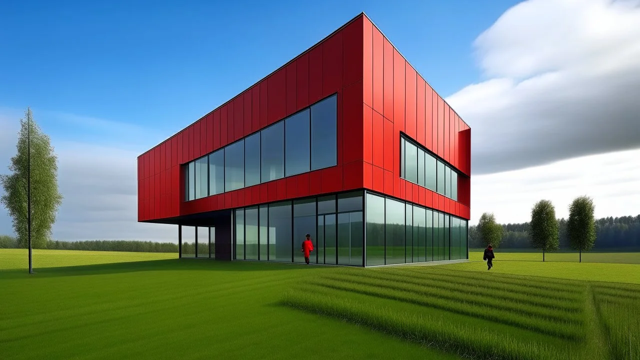 A modern, minimalist building with a (red exterior wall, a glass wall, and a person walking inside the structure. The building is situated on a grassy field with a cloudy sky in the background)