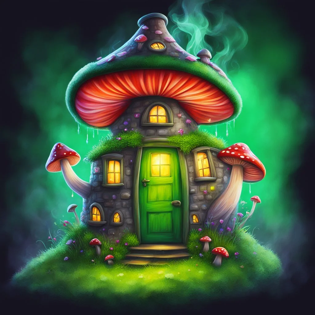 mushroom house on a floating green space island. Bright Crystals protrude from under island. The A lantern casts light on the door. wispy green smoke rising from a chimney. Bold Bright Colors, Stark Dark background. Fantasy Style. High Quality, Painterly, Whimsical, Fun, Imaginative, Bubbly,