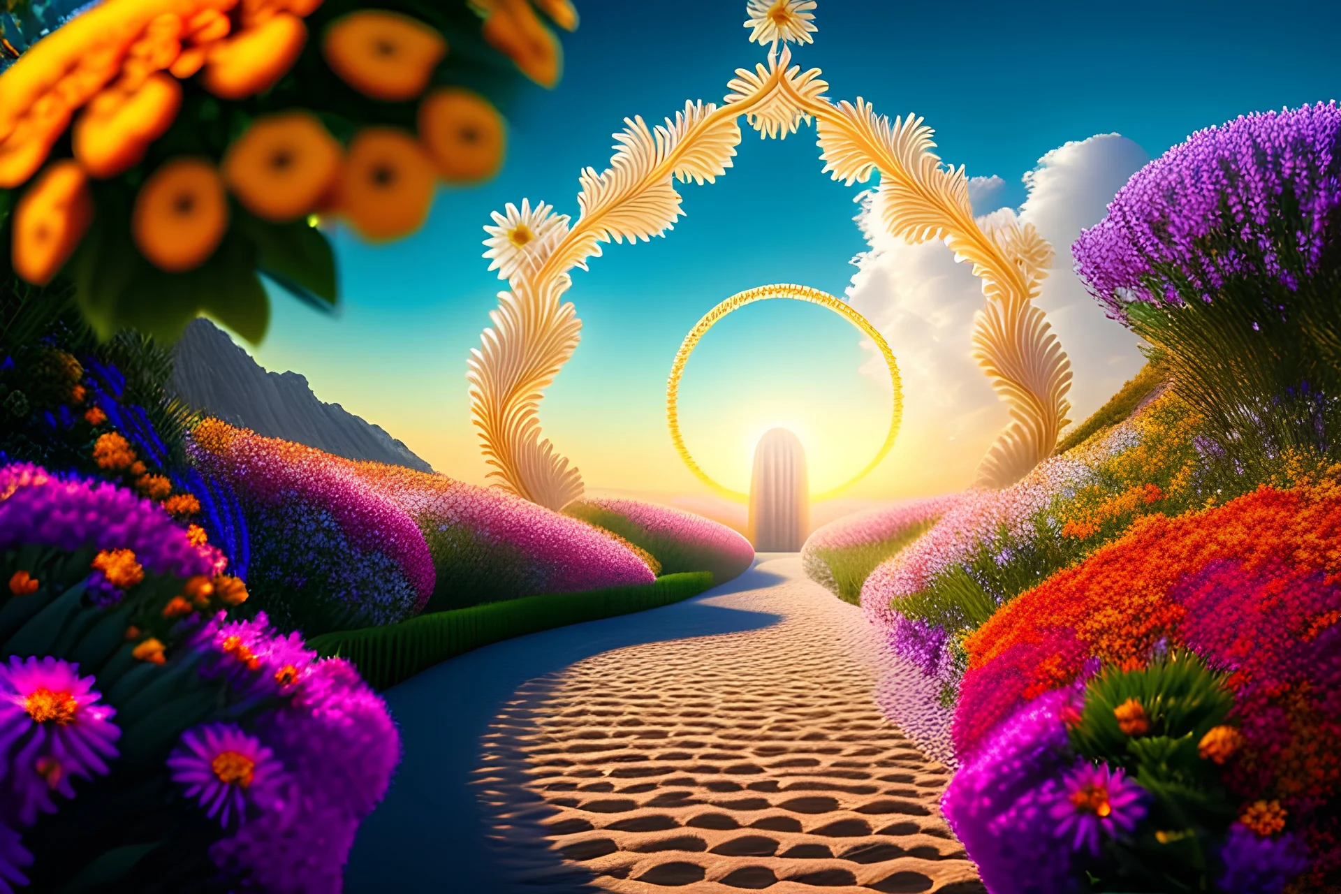 exquisite detail, sharp-focus, intricately-detailed, award-winning photograph, pathway to heaven, flowers