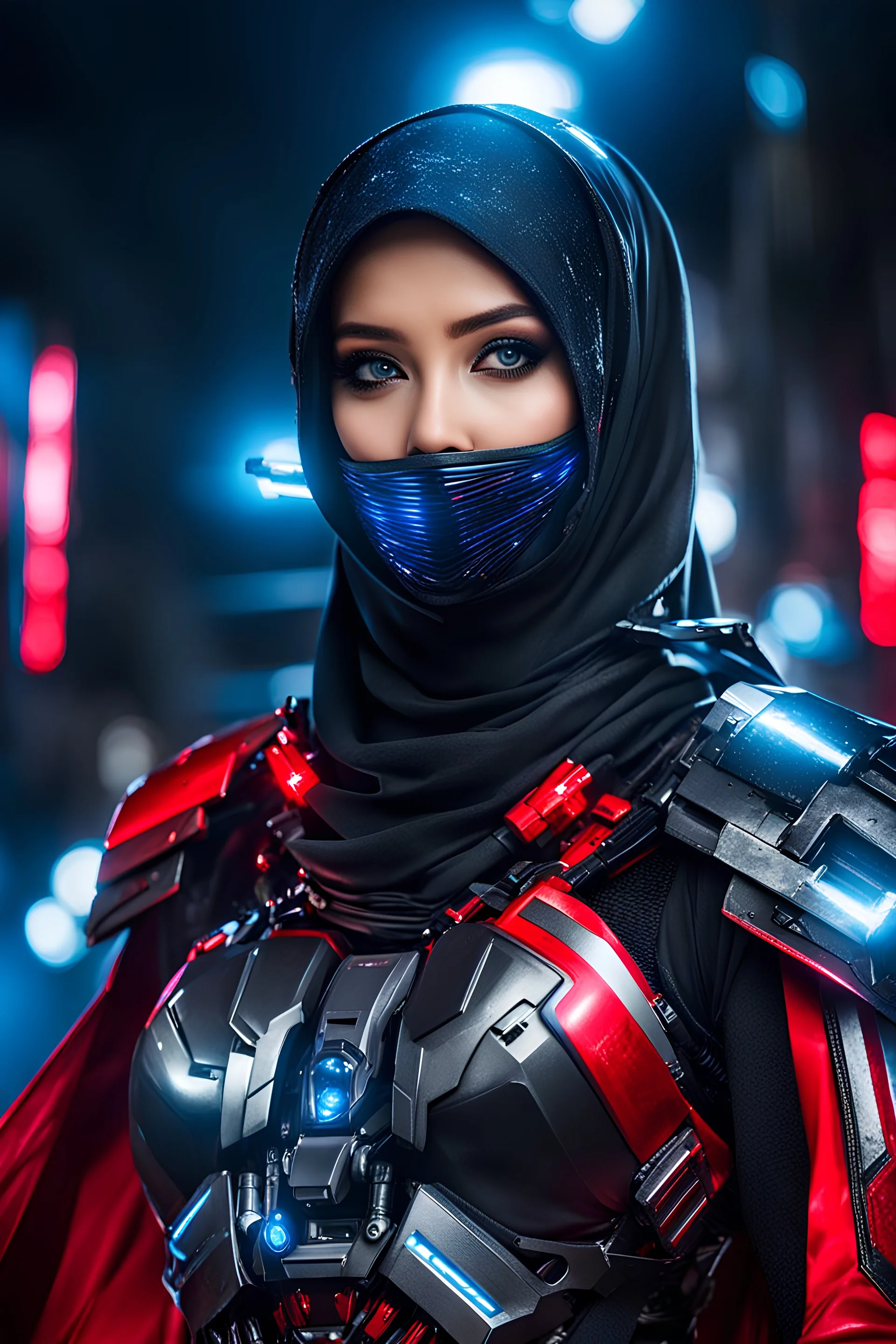 super pretty woman hijaber indonesia, good body, big bub, black longer hair, bad mode, high performance robot costume, hood, blue and red paint, to many weapons, led lights, good A.I. Interpretation, transformers inspiration, high definition photo, intrincate details, HD, darknight background.