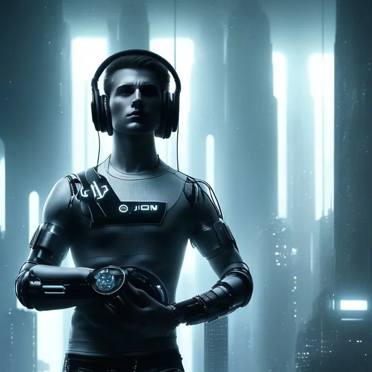 DJ cyborg Christian Boshell with headphones. dystopian cyberpunk style similar to sin city, cinematic Fire theme art, Dark moody atmosphere, similar to a Michelangelo art direction, close-up face