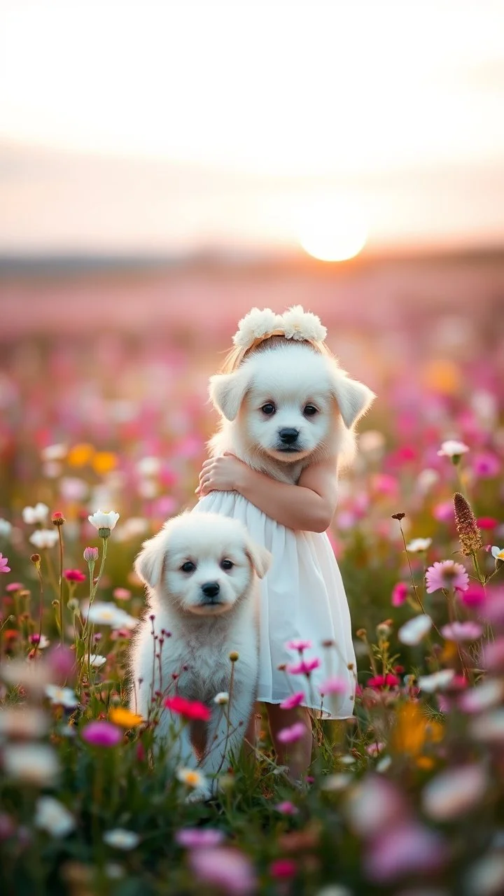 A baby girl with a white dress standing with a small fluffy white puppy in beautiful colorful meadow of wild flowers floral background, landscape with white or pink flowers with sunset and blurred background. Soft pastel Magical nature copy space evening not bright