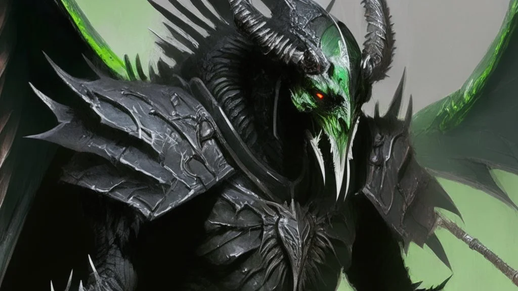 demonio de armadura negra y verda y alas negras con plumas sosteniendo una lanza verde
