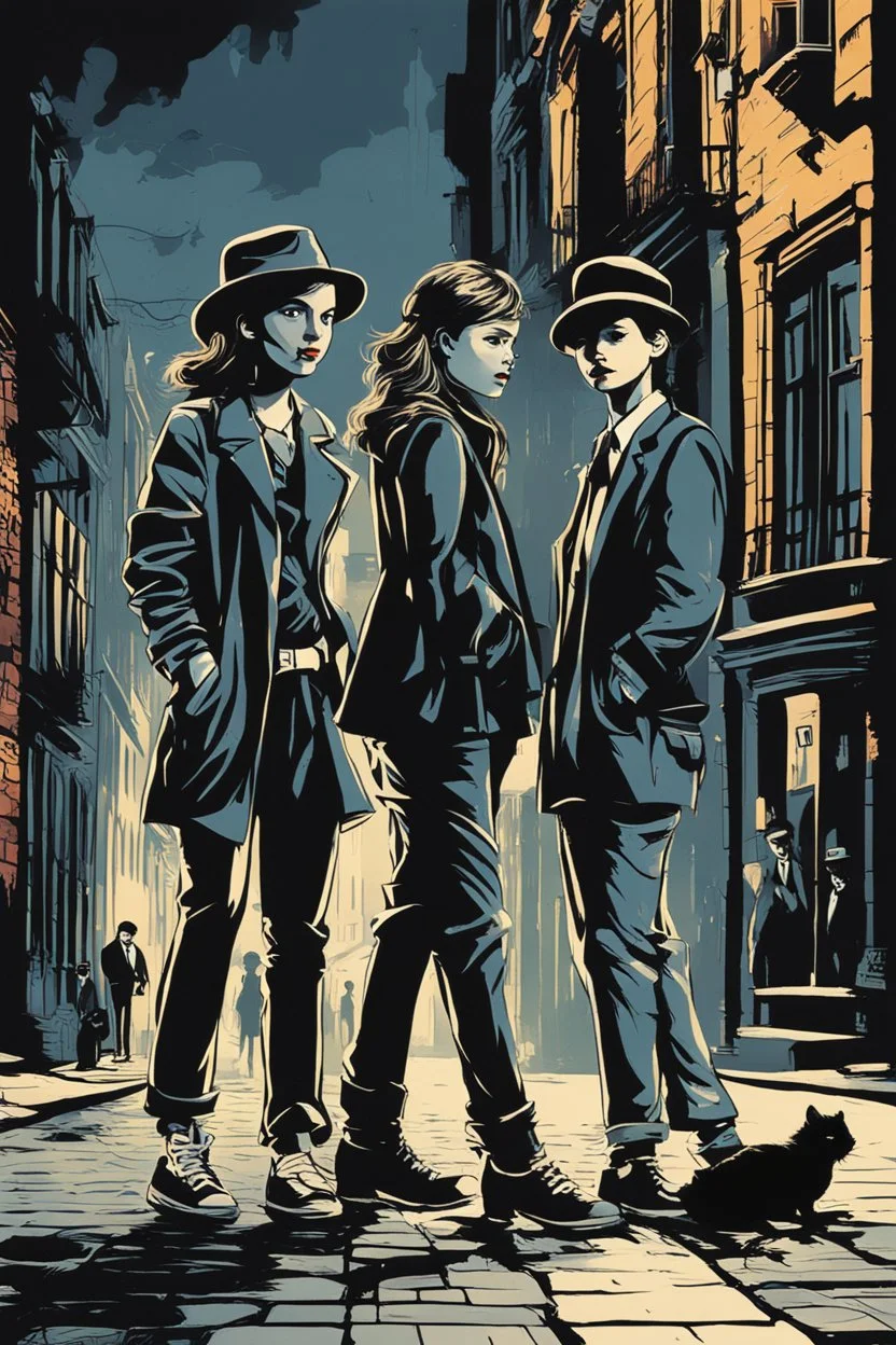 Design a detective book cover for teenagers. A teenage girl in the centre, one boy on her left, and one on her right are on the town street. Black cat at girl's legs. Banksy style, pop art style, dark mood, mysterious atmosphere