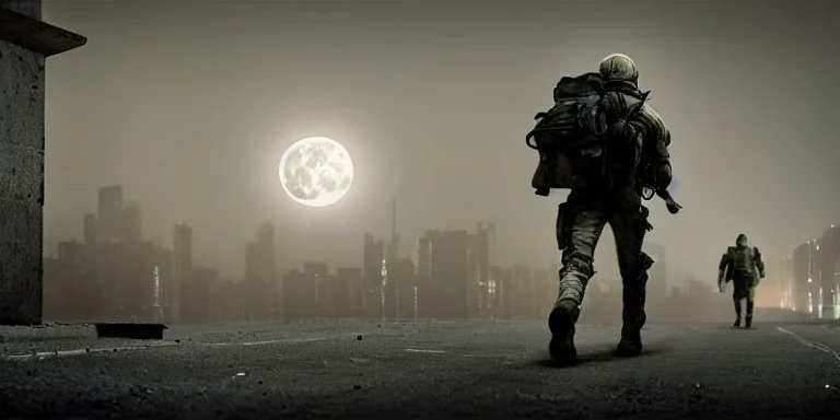 A high tech Soldier walking on the post apocalypse city, night , full moon , realistic , high resolution , HD , 1920pX1080p , dark