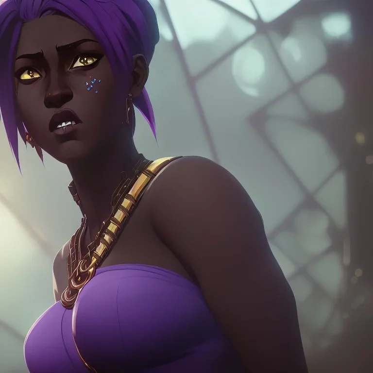 full body shot, masterpiece, best quality, voluptuous, thicc, black-skinned, sparkling eyes, fluorescent skin,purple-dark makeup, gangsta style, highly detailed body, sunlight, 4K, RAW, depth of field, high contrast, realistic details, 24mm