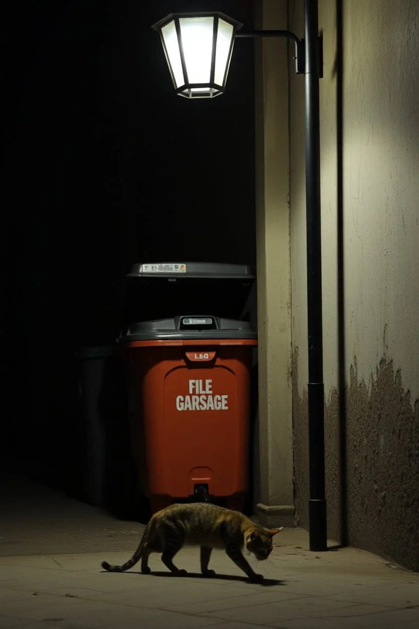 Street lamp in a dark alley in the background a garbage container by a dirty wall , stray cat is eating on the floor