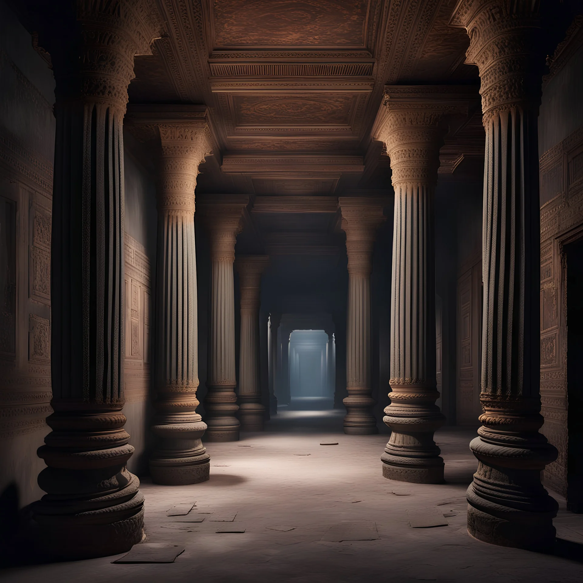 Hyper Realistic traditional ancient pillars & huge dark hallway of a historical Indian palace with peeling wall paints at night