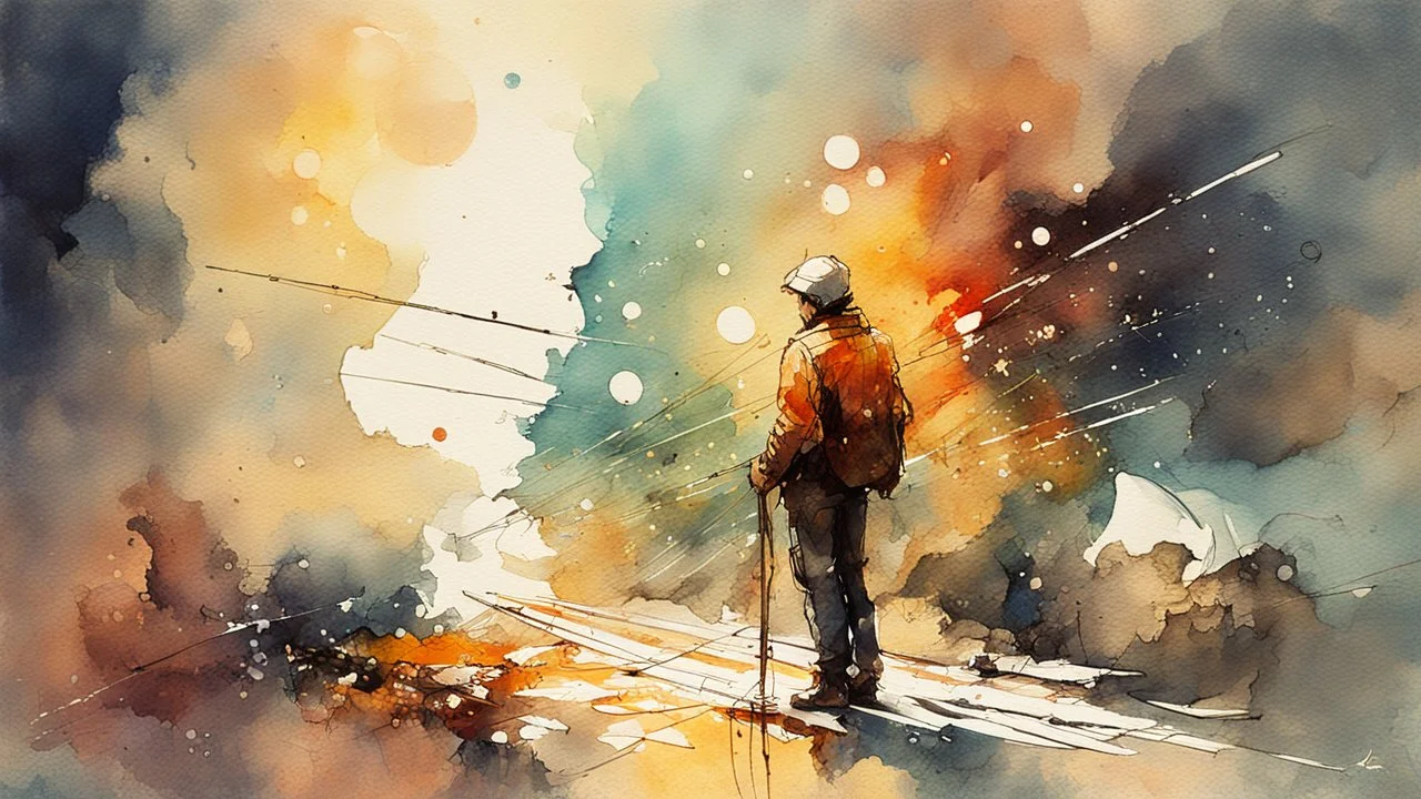 man and the universe, light watercolor sketch, by Leonid Afremov & Benedick Bana & Atelier Olschinsky & Ian McQue