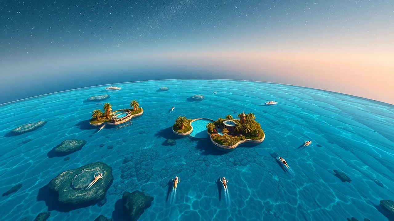 Surreal infinity pool that defies the laws of physics, extending in all directions like a boundless aquatic plane, water with perfect transparency revealing underwater constellations and luminous creatures swimming between dimensions, floating islands with tropical vegetation scattered like oases in the aquatic void, swimmers that seem suspended between realities while their reflections tell different stories, the curved horizon suggesting that the entire structure envelops an invisible planet,