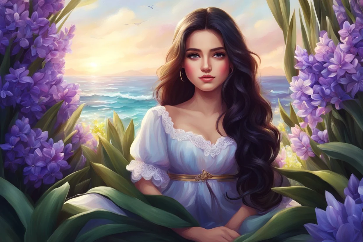 A beautiful girl is sitting surrounded by hyacinth flowers, long dark hair, ocean eyes, adorable digital painting, high quality, 4k