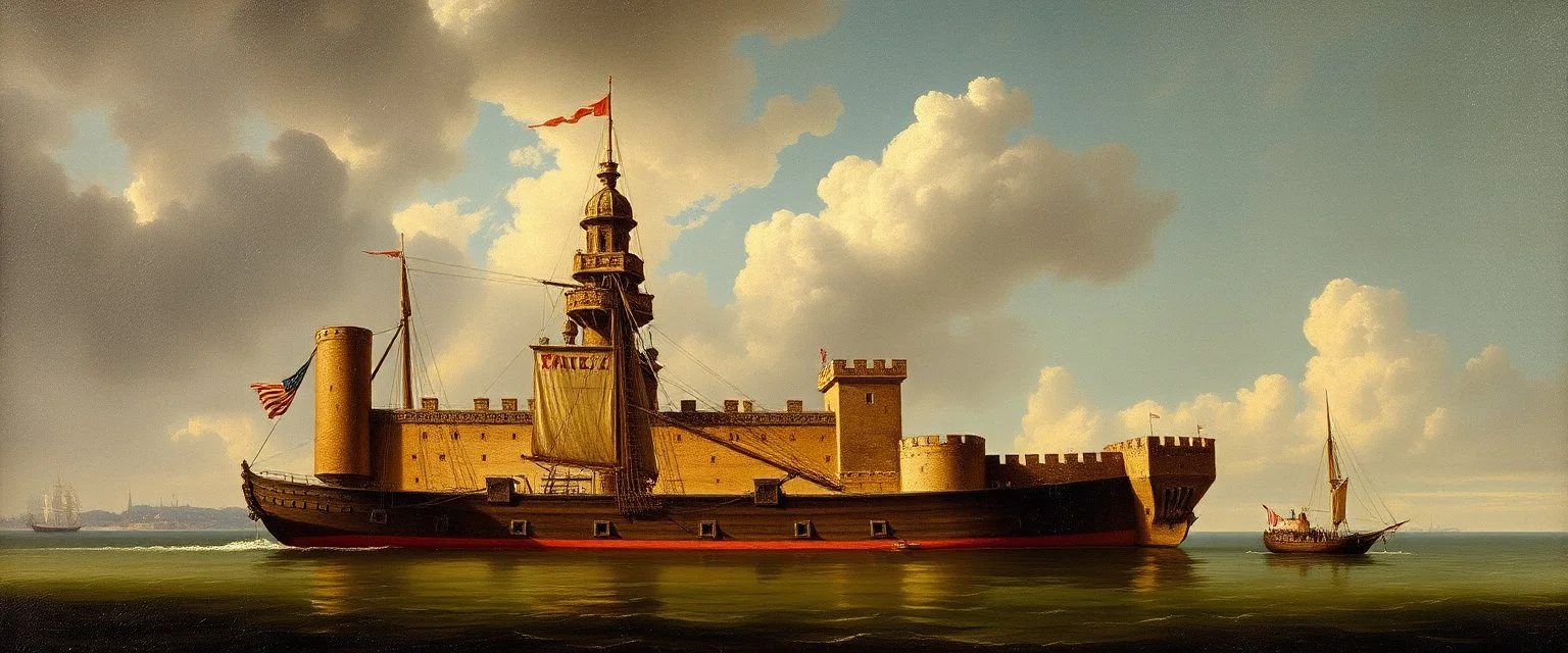 master oil painting by Rembrandt, square floating fortress boat