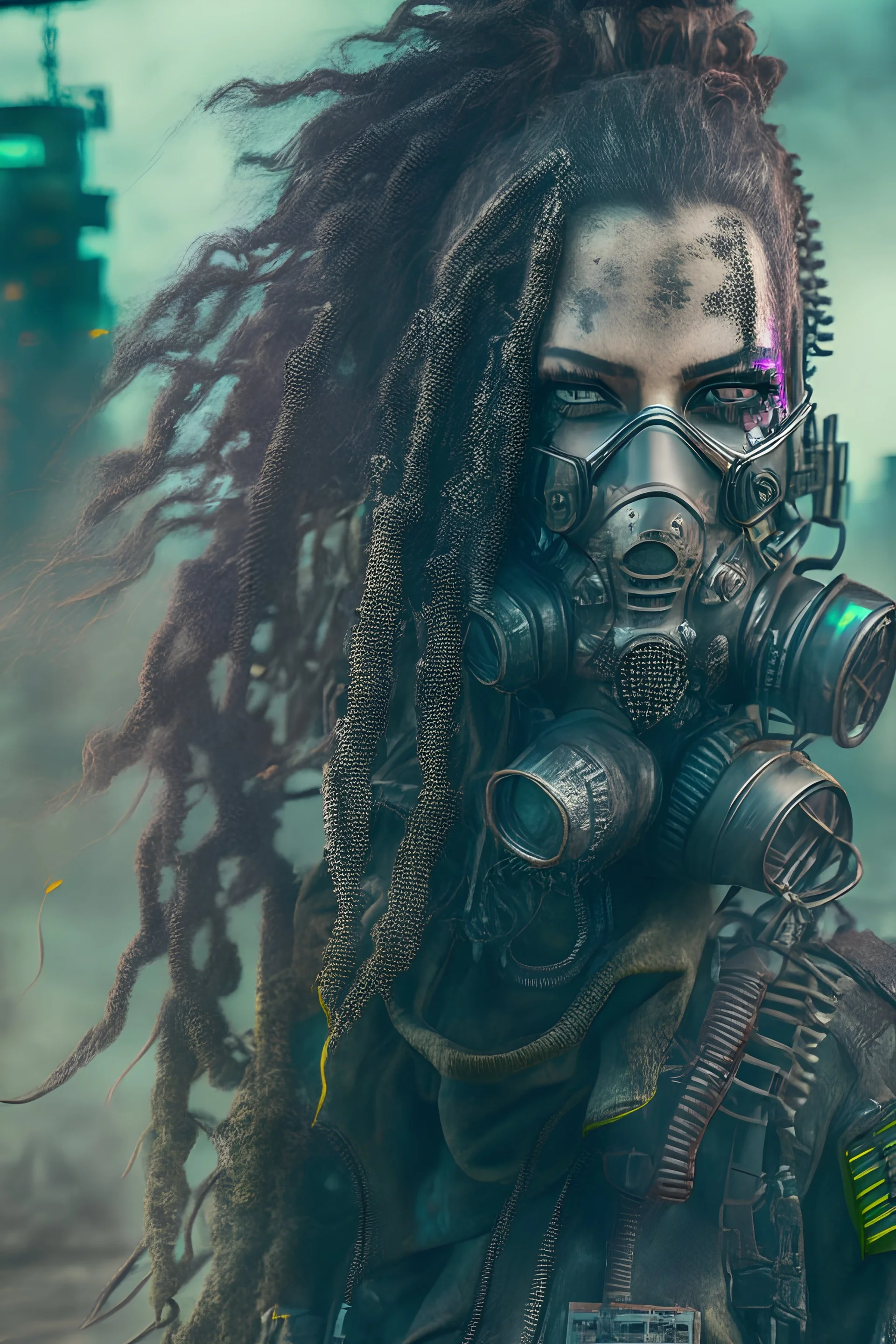 front facing full length grunge armored female, dreadlock hair cyberpunk vampire mercenary with gas mask, telecommunications unit, highly detailed with gritty post apocalyptic textures, toxic irradiated landscape, finely detailed facial features, photorealistic 8k render