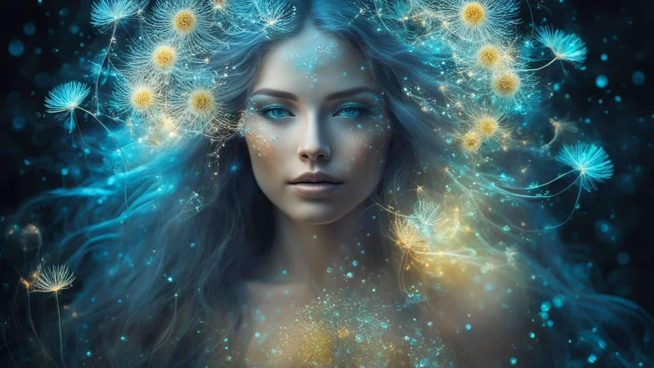 The photo is done in a bioluminescent and bioluminescent art style depicting a divine woman, Bioluminescent dewy translucent glowing skin, ethereal glowing eyes, long neck, perfect face in ultra-realistic details, flowing hair, double exposure, dandelion, The composition imitates a cinematic film with dazzling, gold and silver lighting effects. Intricate details, sharp focus, crystal clear skin create high detail. 3d, 64k, high resolution, high detail, computer graphics, hyperrealism, f/16, 1/30