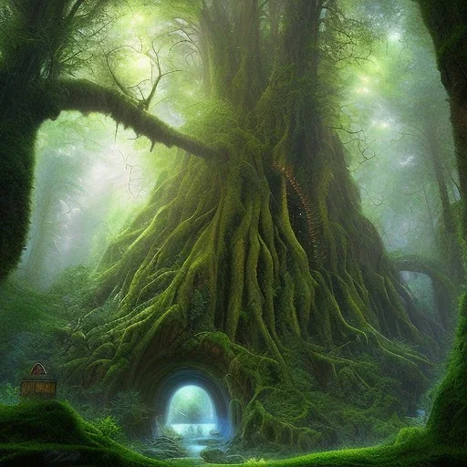 a celestial portal leading into stunning forest, george grie, anne dittman, anne stokes, lisa parker, selina french, greg rutowski, howard lyon, brian froud