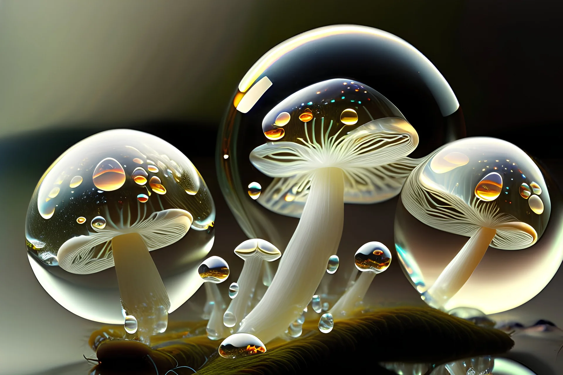 mushrooms transparent like glass marbles