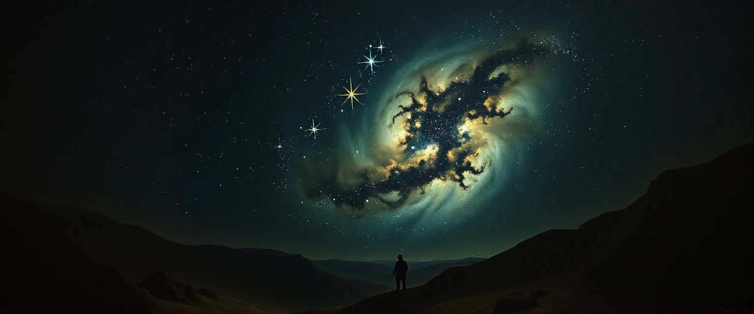 pin hole cam, master oil painting by Rembrandt, [Storyteller echoes:] "Swallowed by the night..." Is this the fate of all who dare to see— To lose themselves in vast infinity? Then let me be the Fool upon the stage And write my lines upon this cosmic page!