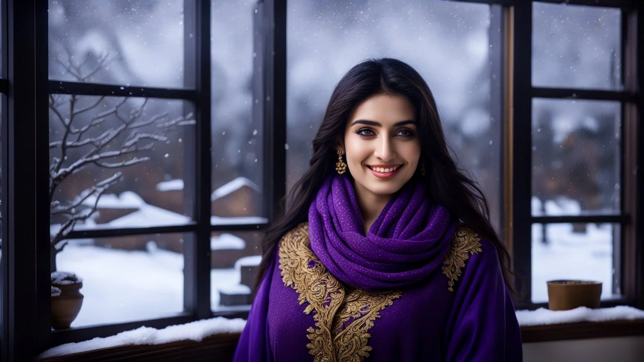 Hyper Realistic Photographic View Of A Gorgeous Pashto Young Woman (Wearing Long Purple Coat, Black Dress With Golden Embroidery & Wearing Purple Scarf On Her Neck) Alone Happily Standing & Smiling In Her Office Room With Her Beautiful Long Black Hair, With A Little Garden View From Outside Window At Dark Night With Heavy Snowfall View From A Fancy Window At Her Back Showing Dramatic & Cinematic Ambiance.