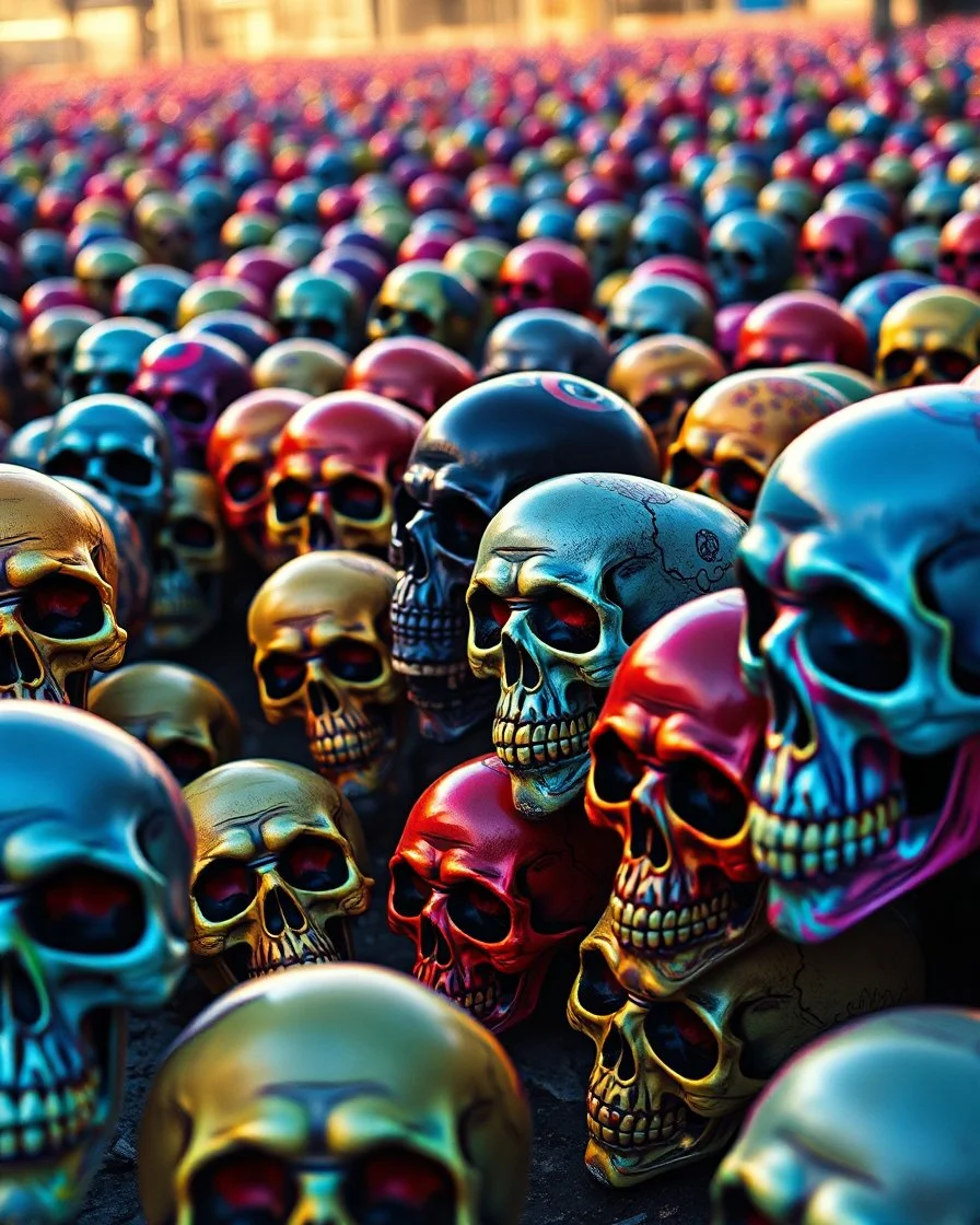 a field of skulls, multi colored, bright, vivid, psychedelic, high detailed, high gloss, insanly detailed, matte, horrorcore, lining the street, unsettling contrast