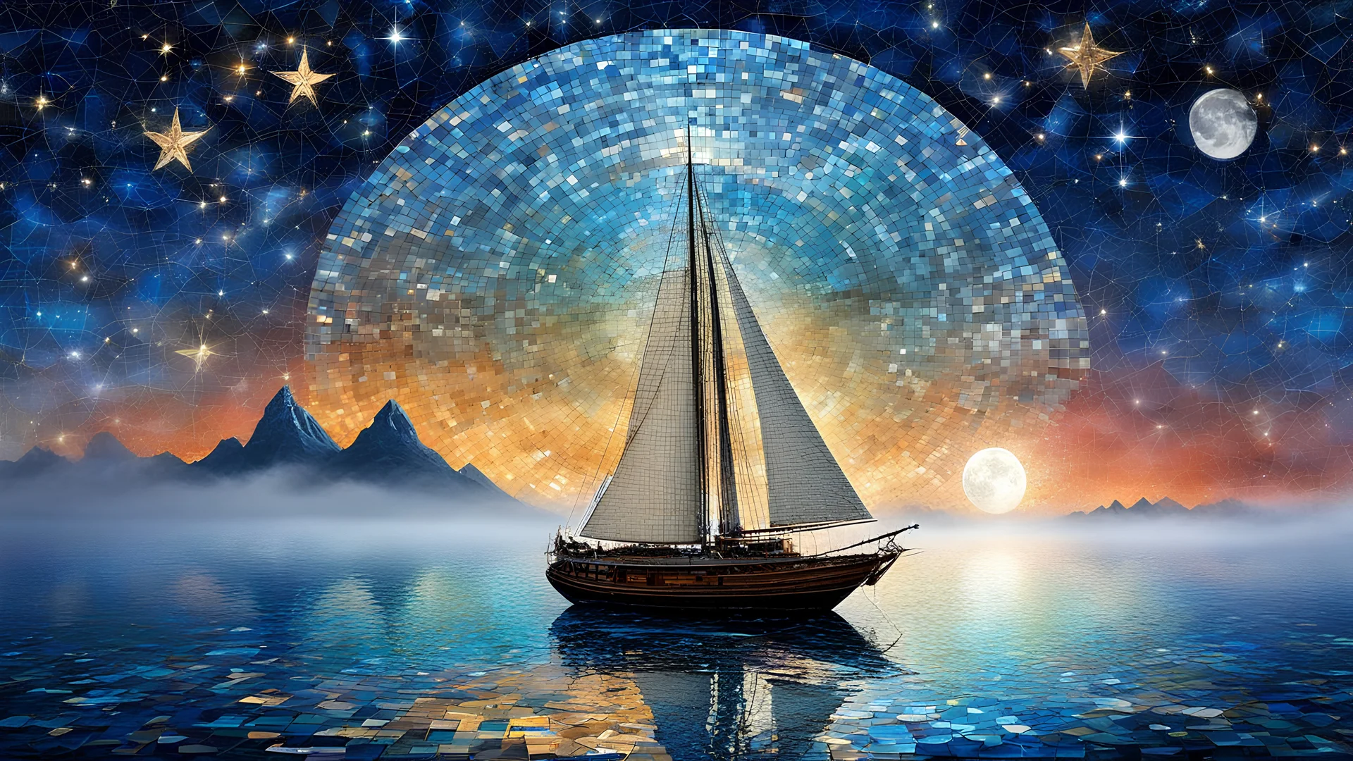 (Digital Mosaic art:2),Mosaic Tile Art,Mosaic, magic flying explorer approaching the pleiades aboard a magical sailboat in the sky,mist fog,gravity-defying,aloft flight,night sky,cosmic