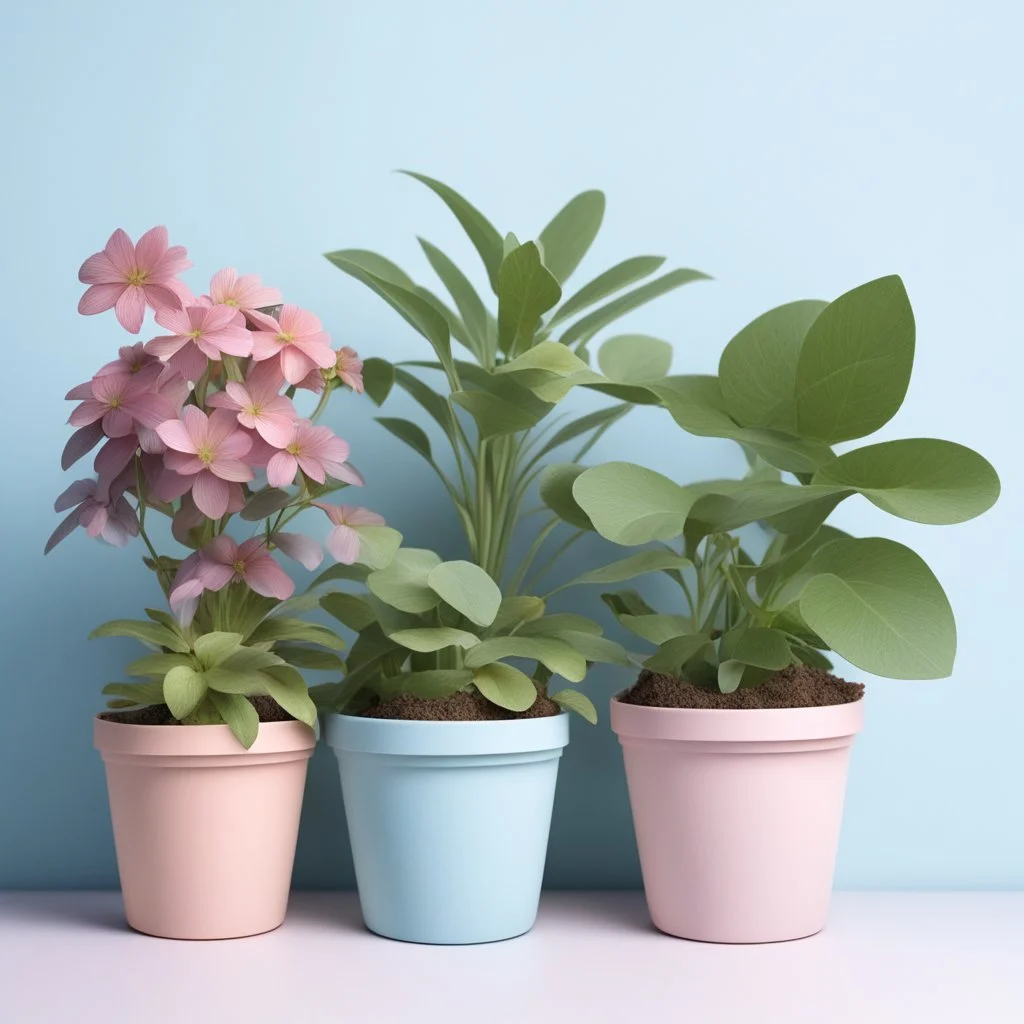 Plants in flowerpots in light pastel colors as well as light blue, pink, purple, yellow and light green! Everything on a light background to remove