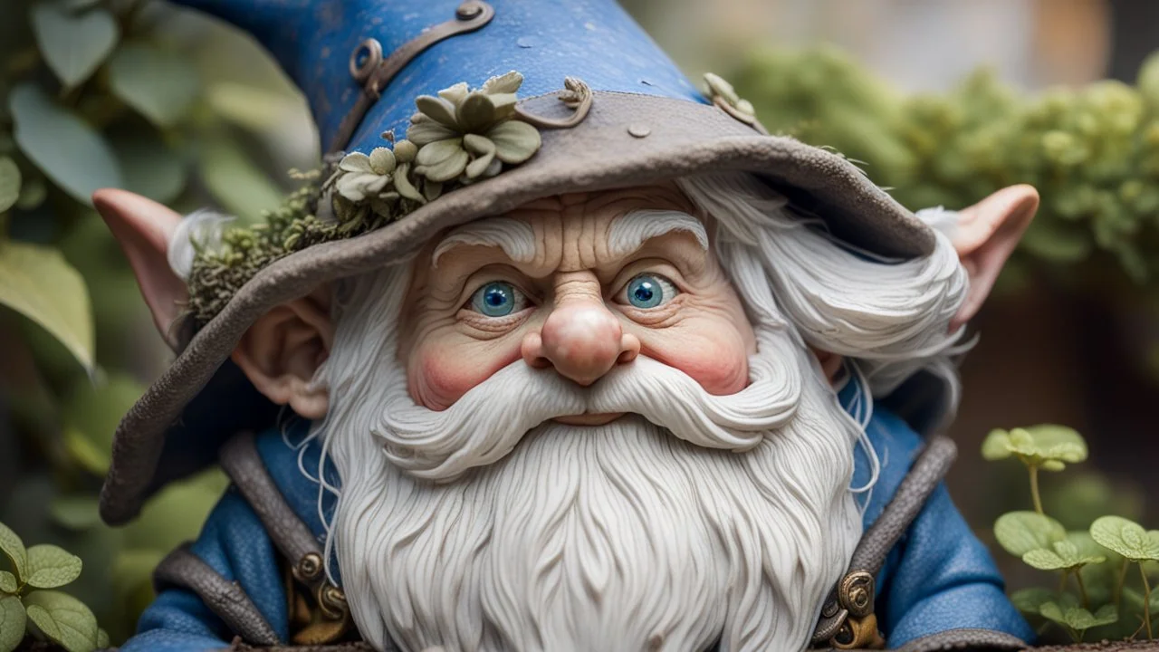 A close up view of an old gnome showing detailed wrinkles ,largish nose , full round cheeks, nice welcoming blue eyes, old scraggly long white beard with largish pointed ears , wearing a big old pointed hat just covering the tops of his ears dressed in an old long cloak to match his hat , standing with a few bushes around him but only his upper torso in the picture with a misty forest background behind with the trees barely visible.