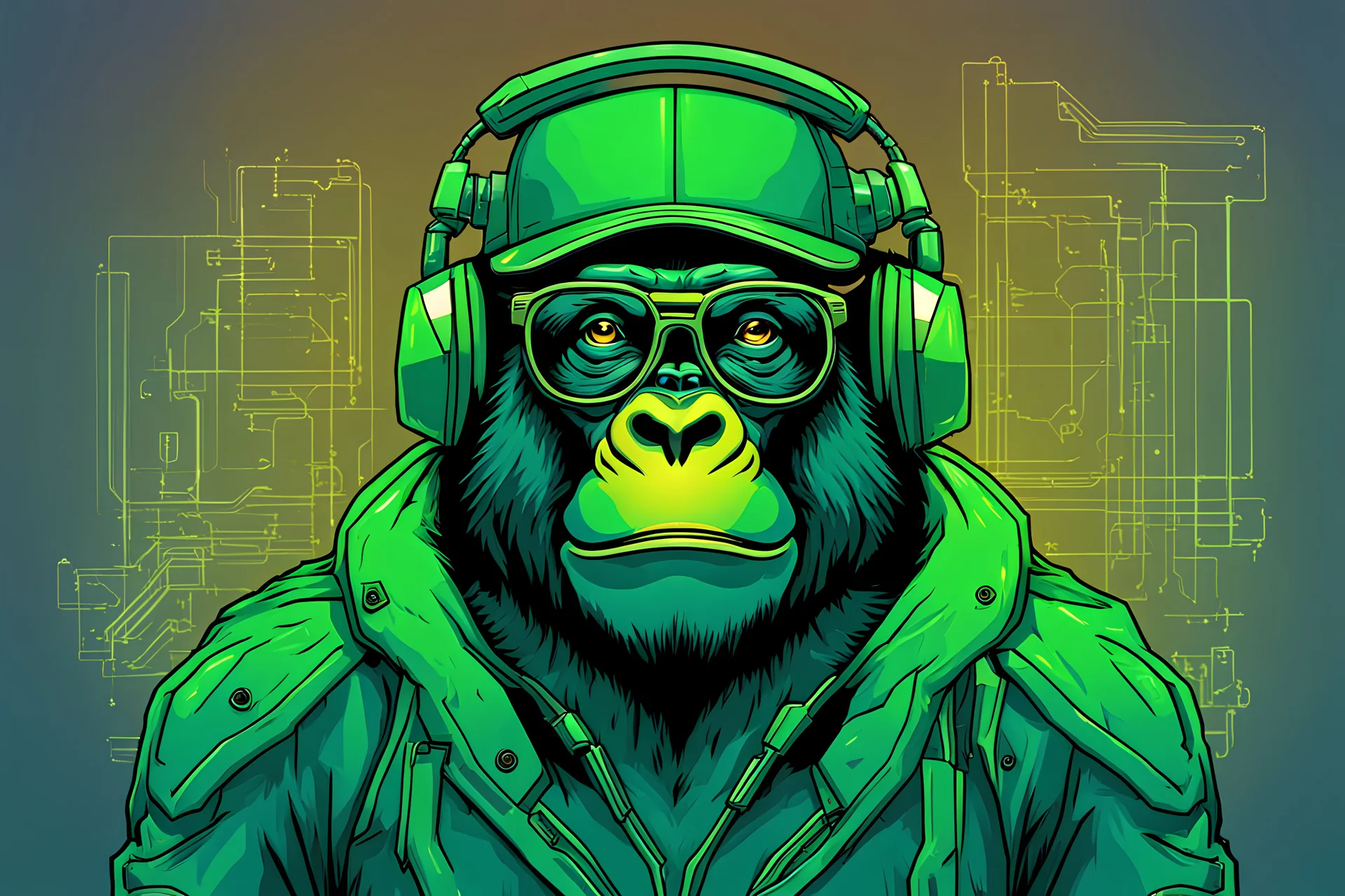 futuristic vector illustration of a full body friendly gorilla with glasses and cap and technical elements in green-blue colours
