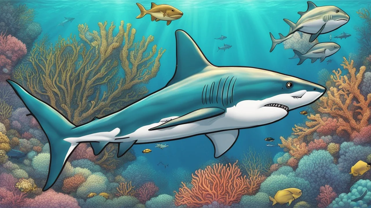 comic style, realistic coloring, underwater, coral reef, shark